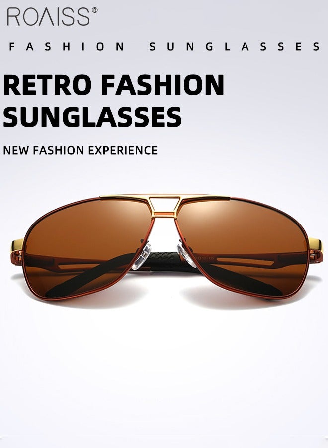 رويس نظارات شمسية ريترو أفياتور مستقطبة للرجال بحماية من الأشعة فوق البنفسجية 400 بإطار معدني خفيف الوزن نظارات شمسية عصرية مضادة للتوهج للرجال أثناء القيادة وصيد الأسماك والسفر باللون الذهبي والبني - Image 4