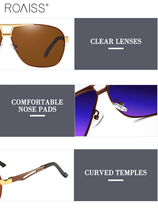 رويس نظارات شمسية ريترو أفياتور مستقطبة للرجال بحماية من الأشعة فوق البنفسجية 400 بإطار معدني خفيف الوزن نظارات شمسية عصرية مضادة للتوهج للرجال أثناء القيادة وصيد الأسماك والسفر باللون الذهبي والبني - Image 5