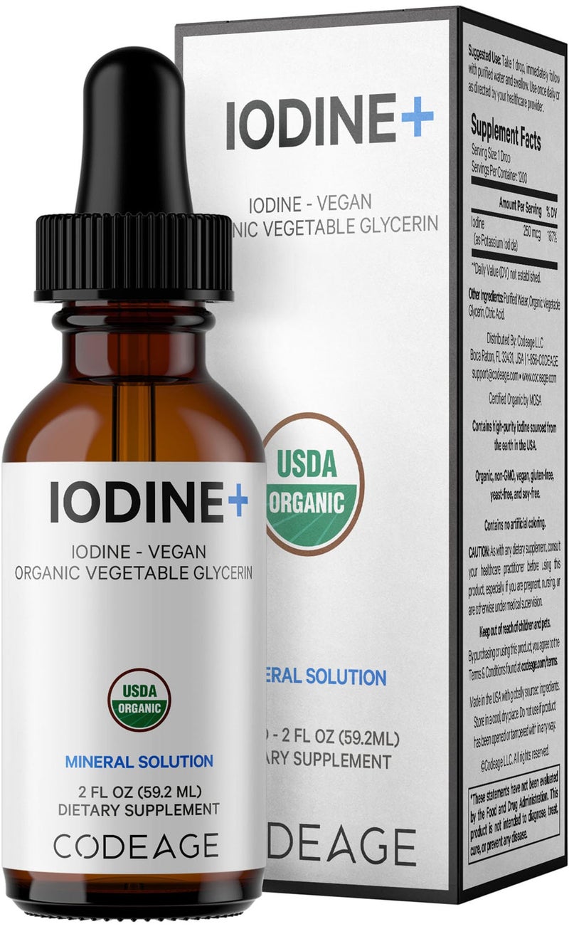 Codeage USDA Certified Organic Iodine Drops 250 Mcg Per Serving 1 Year Supply Liquid Iodide Supplement Pure Clear Iodine Vegan Potassium Iodine Liquid Drop 2 fl oz