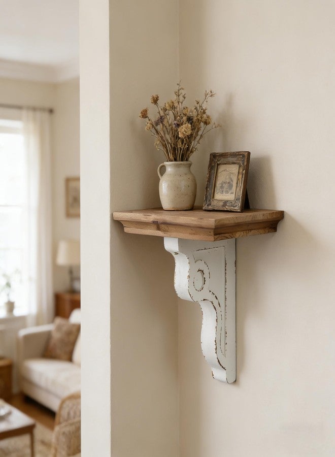 SOFE Rustic Wood Floating Shelf 14 Inches Long, Decorative Wall Shelves for Living Room Bedroom Bathroom, Chic Wall Decor for Display Vases Candles Books, Distressed White Scrolled Bracket - Image 3