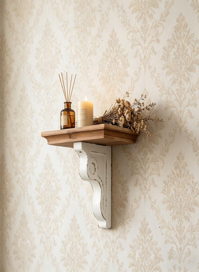 SOFE Rustic Wood Floating Shelf 14 Inches Long, Decorative Wall Shelves for Living Room Bedroom Bathroom, Chic Wall Decor for Display Vases Candles Books, Distressed White Scrolled Bracket - Image 1