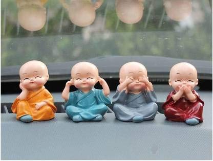 PICKARTME Small Set of 4 Baby Monk Buddha Showpiece Polyresin Car Dash, Living Room, Office Decoration Status (4 Baby Monk Without Hat, Multicolour) - Image 1