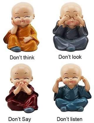 PICKARTME Small Set of 4 Baby Monk Buddha Showpiece Polyresin Car Dash, Living Room, Office Decoration Status (4 Baby Monk Without Hat, Multicolour) - Image 4