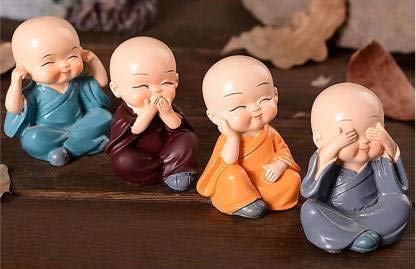 PICKARTME Small Set of 4 Baby Monk Buddha Showpiece Polyresin Car Dash, Living Room, Office Decoration Status (4 Baby Monk Without Hat, Multicolour) - Image 2
