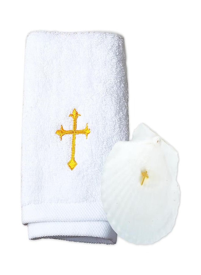 Ohmique Baptism Shell Set - Towel for Boys and Girls, White Christening Cloth with Embroidery Cross, 100% Cotton Baptismal Gifts for Infants Toddlers Kids (White) - Image 1