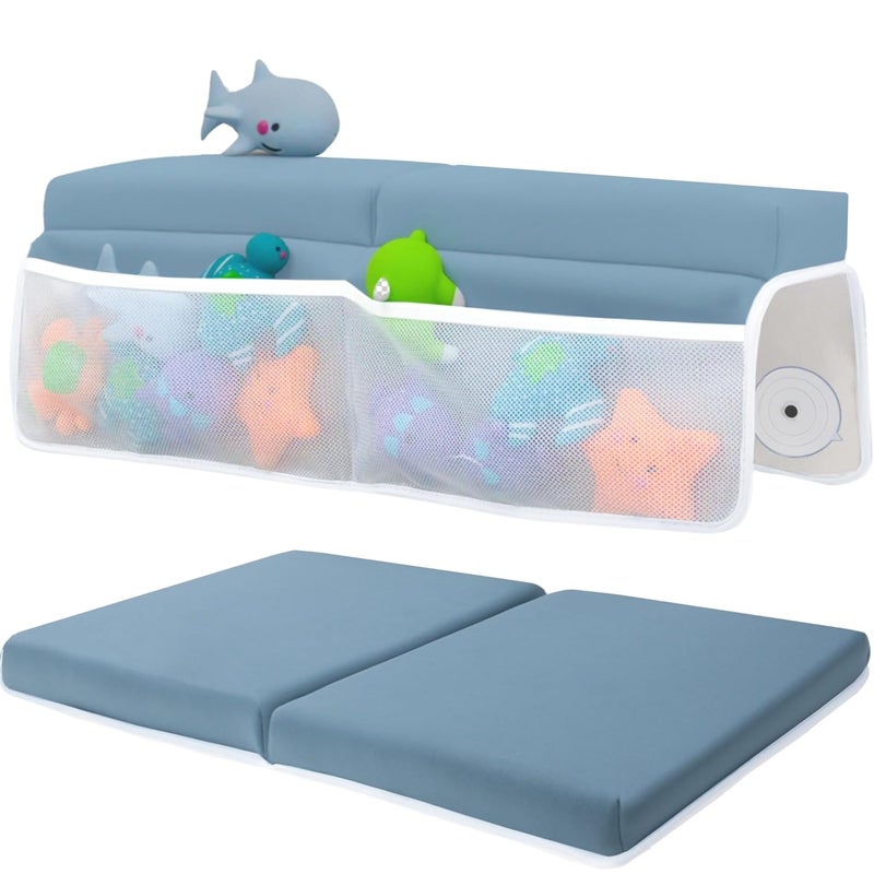 Toodly Comfortable Baby Bath Kneeler and Elbow Rest Pad Set – Thick Memory Foam Bath Kneeling Pad with Elbow Support – Baby Bathtub Cushion with Toy Organizer for Bathing Infant or Toddler - Blue - Image 1