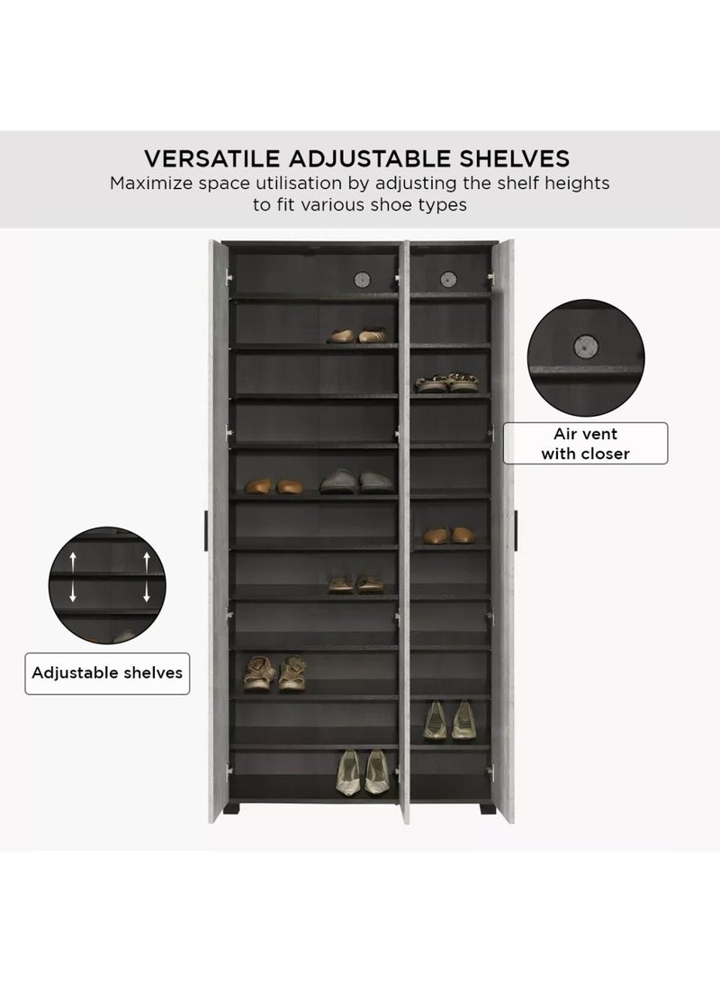 Capri 44-Pair Tall 3-Door Shoe Cabinet 20 Shelves Engineered Wood 90 x 189 x 37 cm- Grey