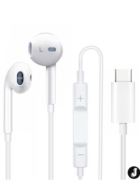 "USB-C Wired Headphones for iPhone – In-Ear Earbuds with Built-in Microphone & Volume Control, White"