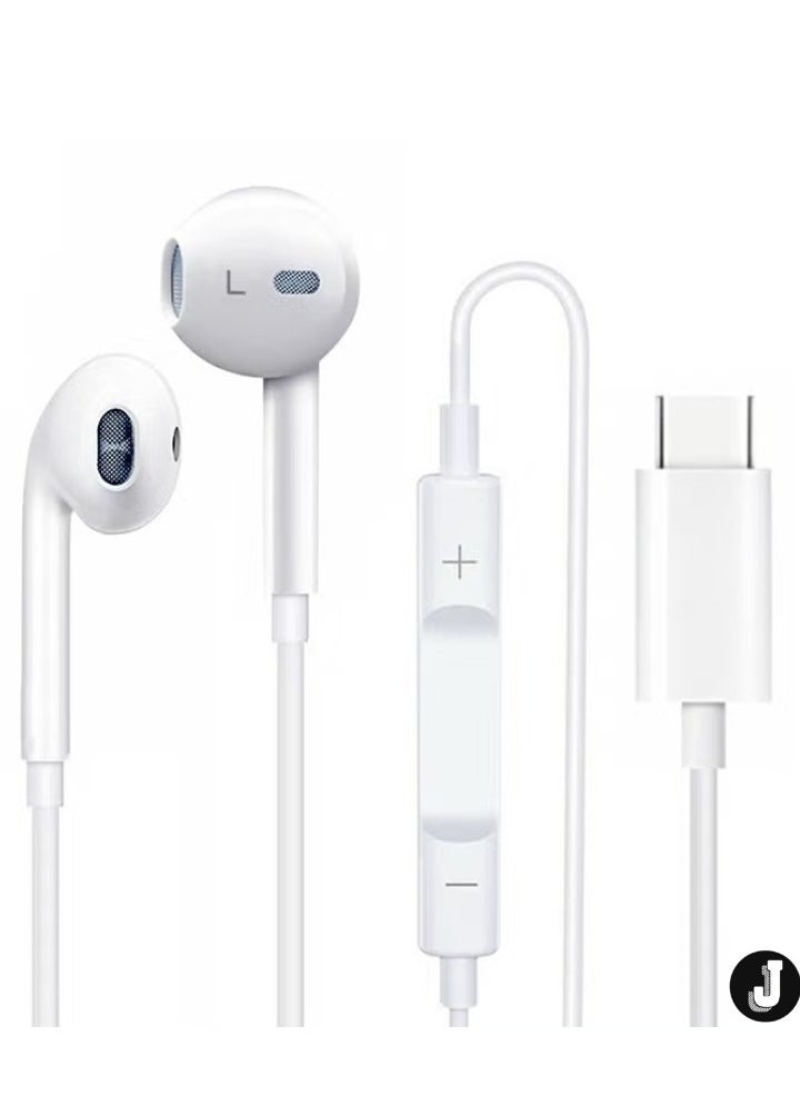 "USB-C Wired Headphones for iPhone – In-Ear Earbuds with Built-in Microphone & Volume Control, White"