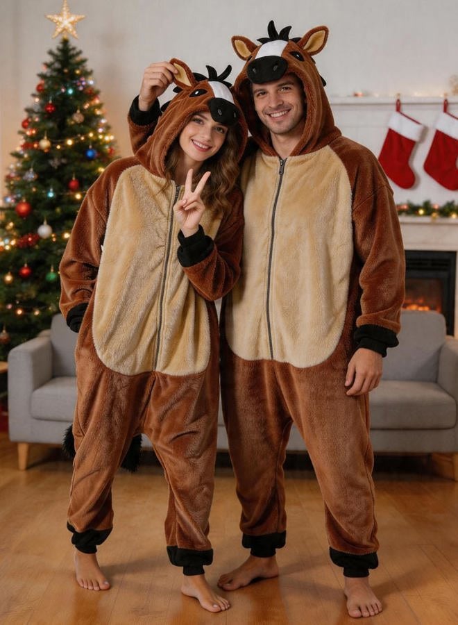 vavalad Adult Horse Onesie Pajamas Animal Cosplay Homewear Sleepwear Jumpsuit Costume for Women Men Girls Boys Teens, New Brown Horse Onesie Pajamas, M - Image 4