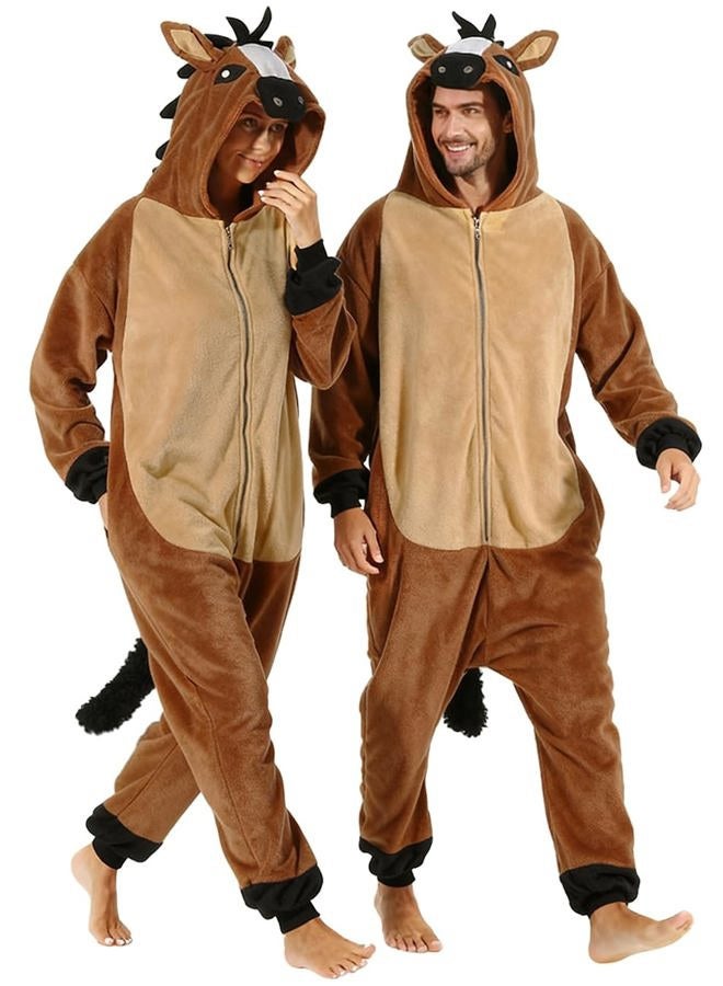 vavalad Adult Horse Onesie Pajamas Animal Cosplay Homewear Sleepwear Jumpsuit Costume for Women Men Girls Boys Teens, New Brown Horse Onesie Pajamas, M - Image 1