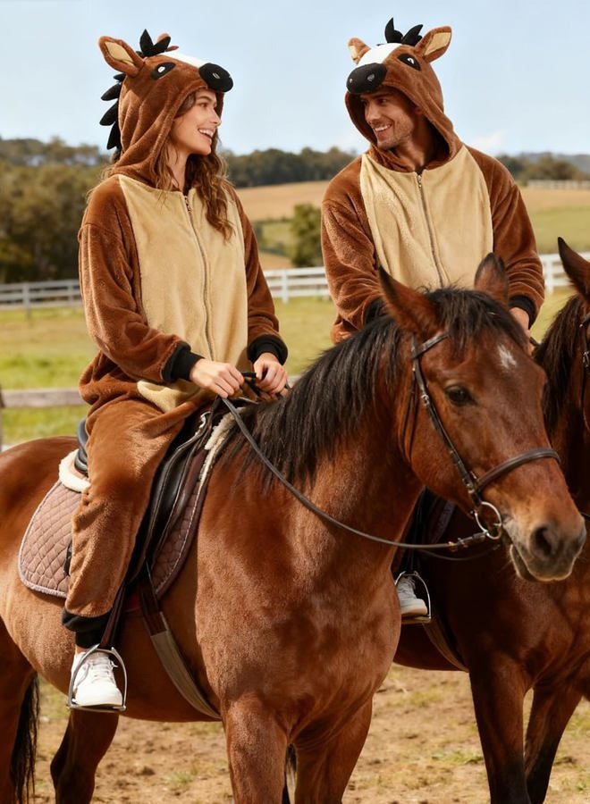 vavalad Adult Horse Onesie Pajamas Animal Cosplay Homewear Sleepwear Jumpsuit Costume for Women Men Girls Boys Teens, New Brown Horse Onesie Pajamas, M - Image 5
