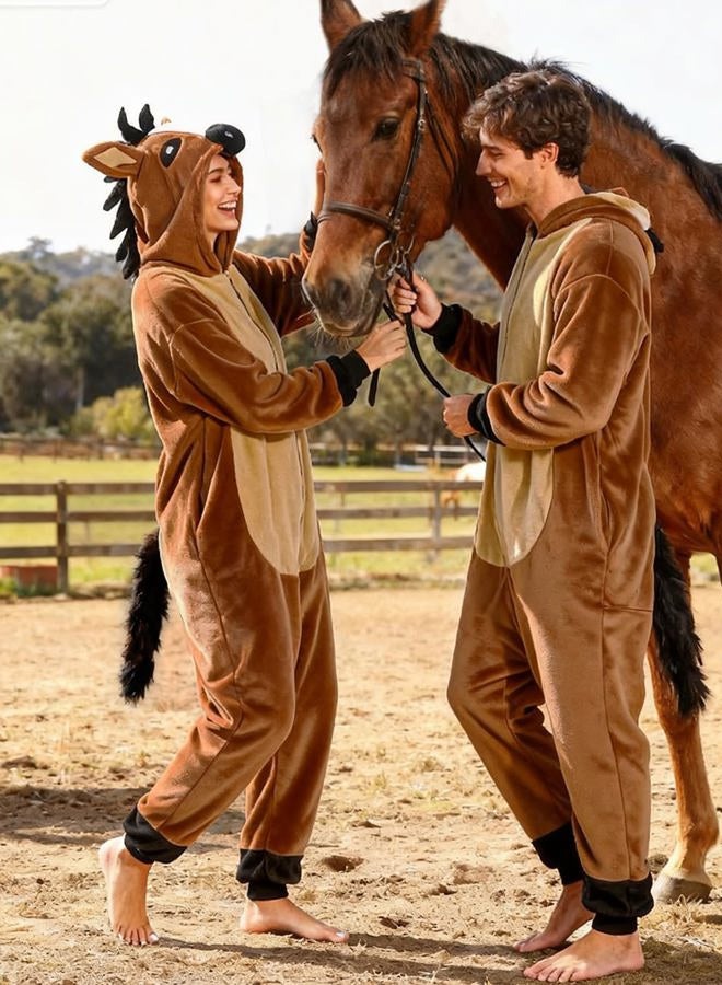 vavalad Adult Horse Onesie Pajamas Animal Cosplay Homewear Sleepwear Jumpsuit Costume for Women Men Girls Boys Teens, New Brown Horse Onesie Pajamas, M - Image 2