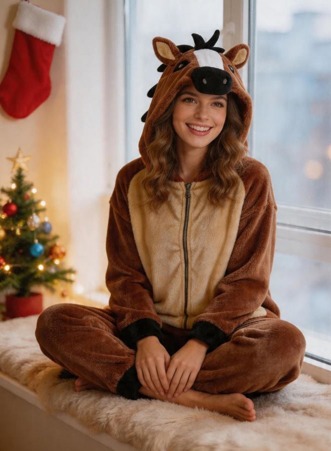 vavalad Adult Horse Onesie Pajamas Animal Cosplay Homewear Sleepwear Jumpsuit Costume for Women Men Girls Boys Teens, New Brown Horse Onesie Pajamas, M - Image 3