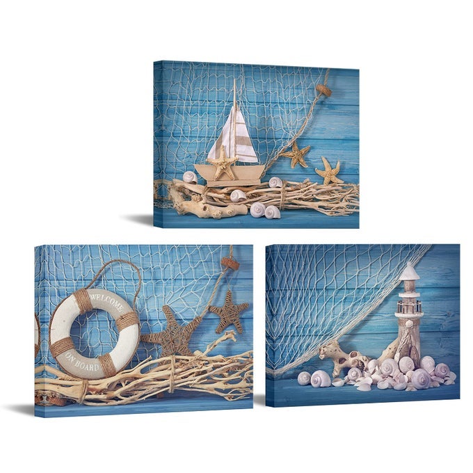 3 PIECE BEACH CANVAS WALL ART SEASHELL STARTFISH WITH BLUE BOARD PICTURE PRINTS MARITIME SAILING BOAT LIGHTHOUSE POSTER PAINTING FOR BATHROOM GALLERY CANVAS WRAPPED READY TO HANG