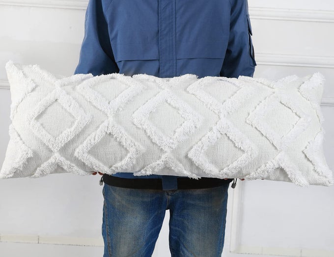 DIAMOND PATTERN EXTRA LONG PILLOW COVERS 16 X 36PLUSH CHENILLE DECORATIVE LONG LUMBAR PILLOW COVERS PILLOW CASE CUSHION CASE FOR SOFA COUCH BED LIVINGROOM FARMHOUSEMODERN BOHOCREAM WHITE