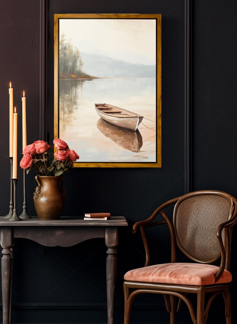 لوحة كانفاس على إطار خشبي بإطار خارجي باللون الخشبي وتصميم كلاسيكي لقارب على بحيرة هادئة - Image 3