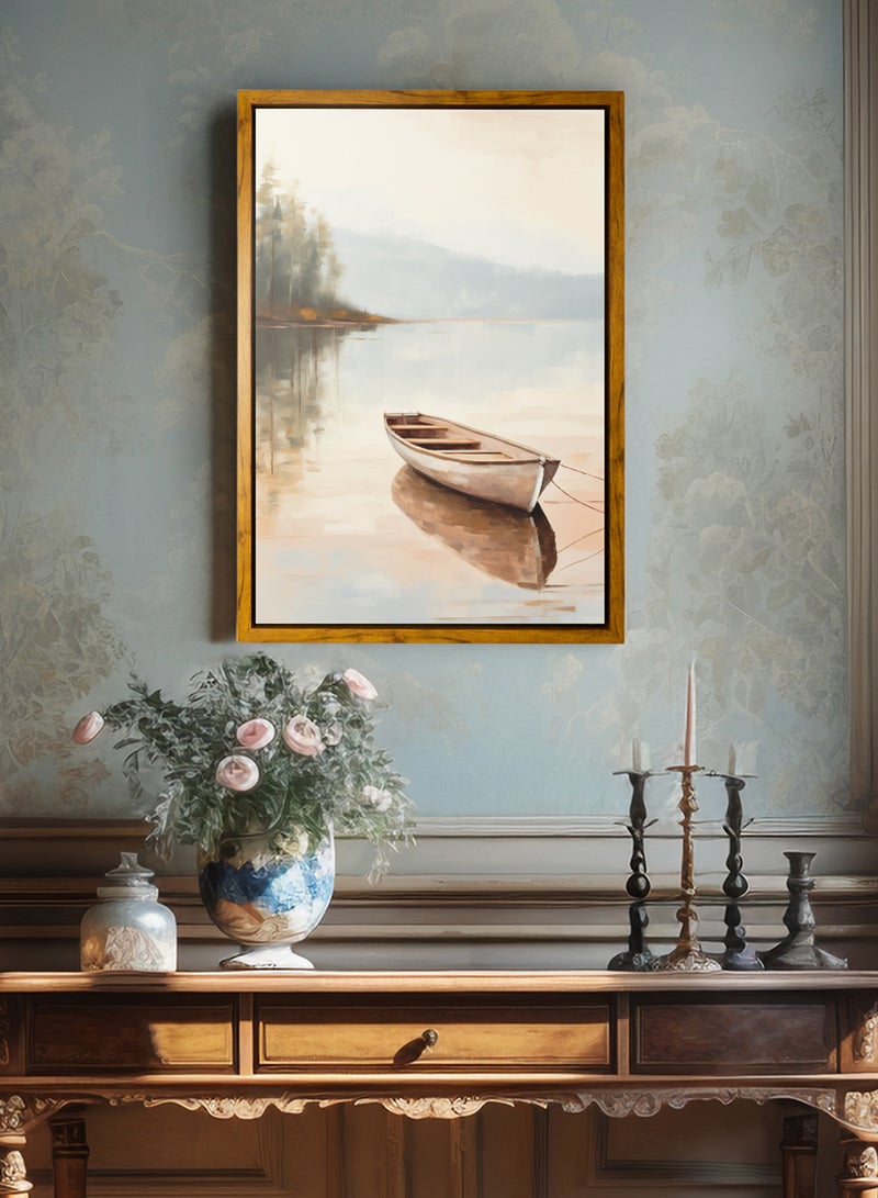 لوحة كانفاس على إطار خشبي بإطار خارجي باللون الخشبي وتصميم كلاسيكي لقارب على بحيرة هادئة - Image 4