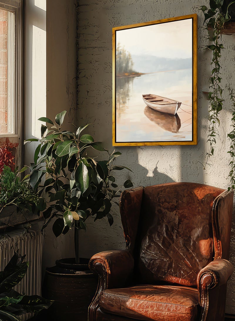 لوحة كانفاس على إطار خشبي بإطار خارجي باللون الخشبي وتصميم كلاسيكي لقارب على بحيرة هادئة - Image 2