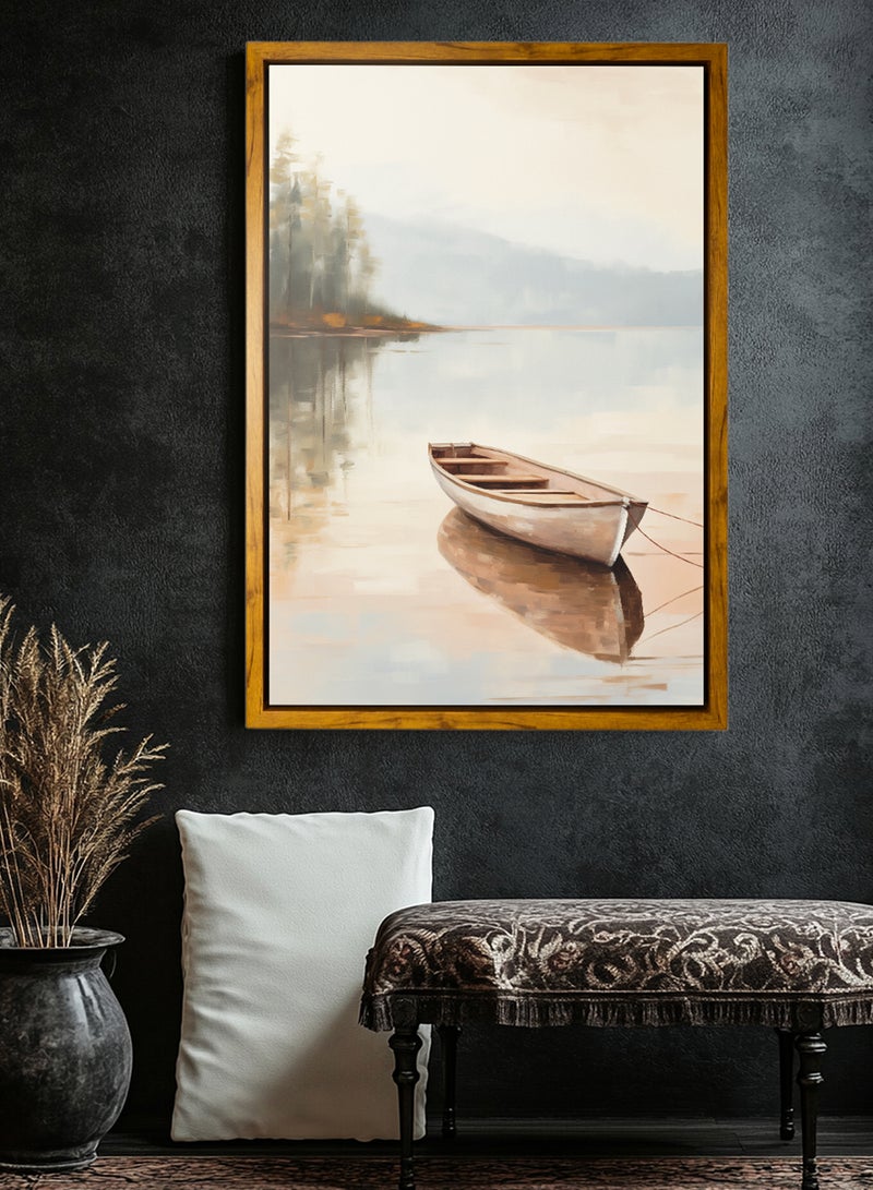 لوحة كانفاس على إطار خشبي بإطار خارجي باللون الخشبي وتصميم كلاسيكي لقارب على بحيرة هادئة - Image 1