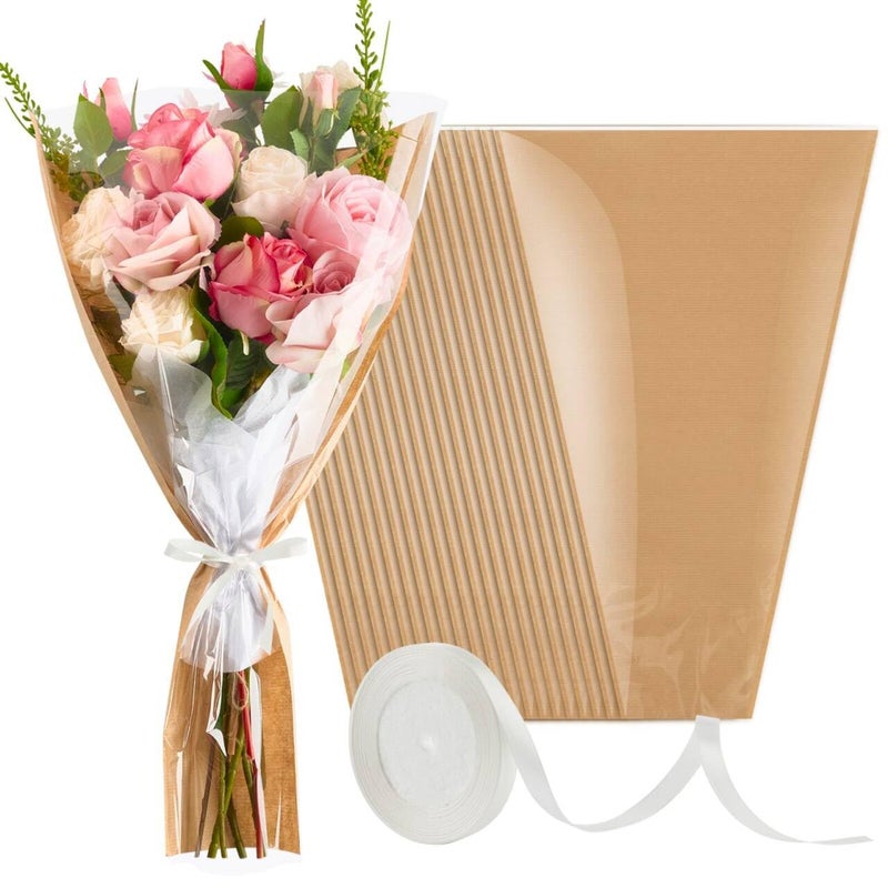 Mauproy 50 Pack Flower Bags for Bouquets, Flower Wrapping Paper Kraft Floral Wrap Sleeves with Ribbons for Mother's Day Florist Supplies Wedding (22 x 14.2 Inches) - Image 1