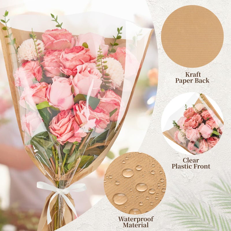 Mauproy 50 Pack Flower Bags for Bouquets, Flower Wrapping Paper Kraft Floral Wrap Sleeves with Ribbons for Mother's Day Florist Supplies Wedding (22 x 14.2 Inches) - Image 3