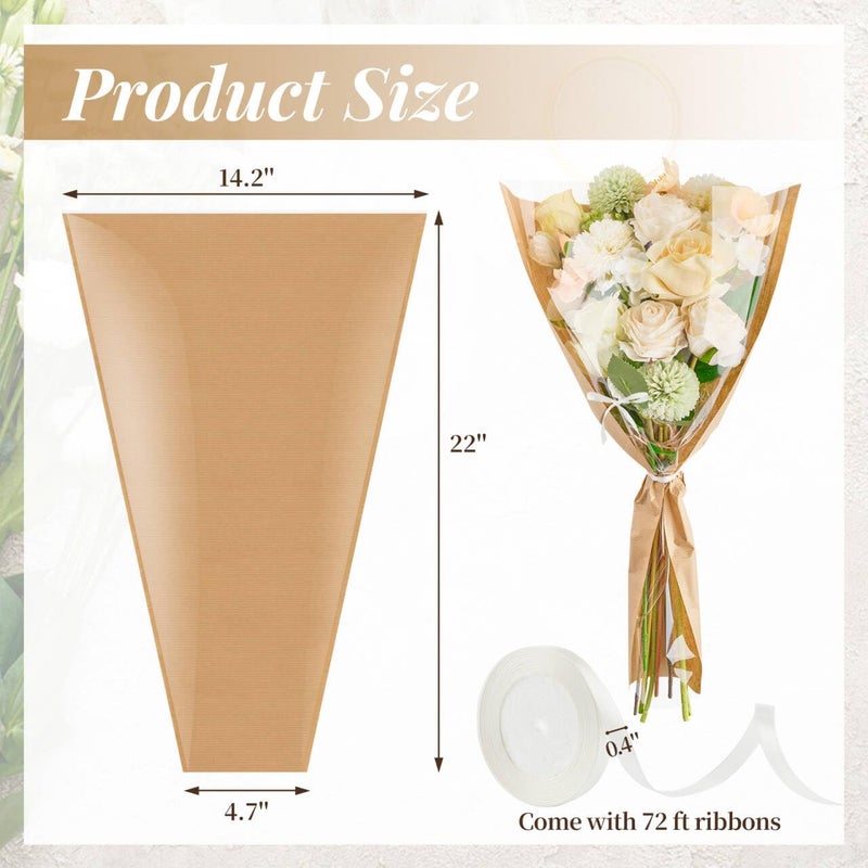 Mauproy 50 Pack Flower Bags for Bouquets, Flower Wrapping Paper Kraft Floral Wrap Sleeves with Ribbons for Mother's Day Florist Supplies Wedding (22 x 14.2 Inches) - Image 2