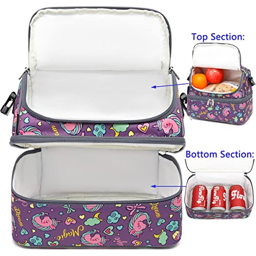 FlowFly Double Decker Cooler Insulated Lunch Bag Large Tote for Boys, Girls, Men, Women, With Adjustable Strap (Purple-Unicorn) - Image 4