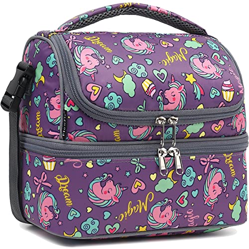 FlowFly Double Decker Cooler Insulated Lunch Bag Large Tote for Boys, Girls, Men, Women, With Adjustable Strap (Purple-Unicorn) - Image 1