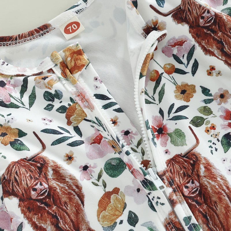 CIYCUIT Baby Girls Highland Cow Floral Outfits Newborn Zip Up Onesie Romper with Headband Western Clothes 0-3 Months - Image 4