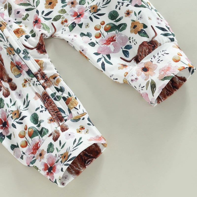 CIYCUIT Baby Girls Highland Cow Floral Outfits Newborn Zip Up Onesie Romper with Headband Western Clothes 0-3 Months - Image 5