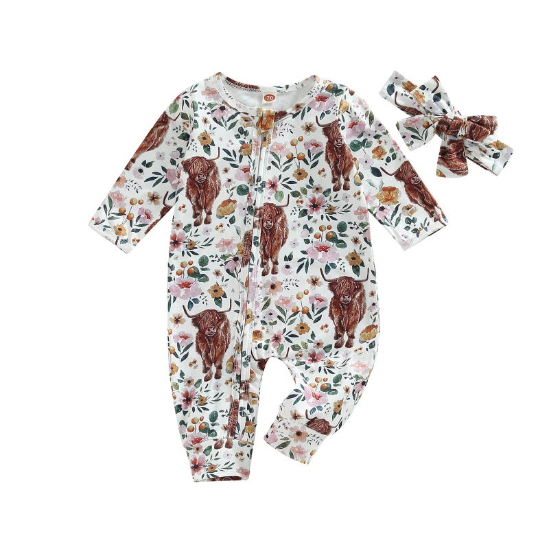 CIYCUIT Baby Girls Highland Cow Floral Outfits Newborn Zip Up Onesie Romper with Headband Western Clothes 0-3 Months - Image 1