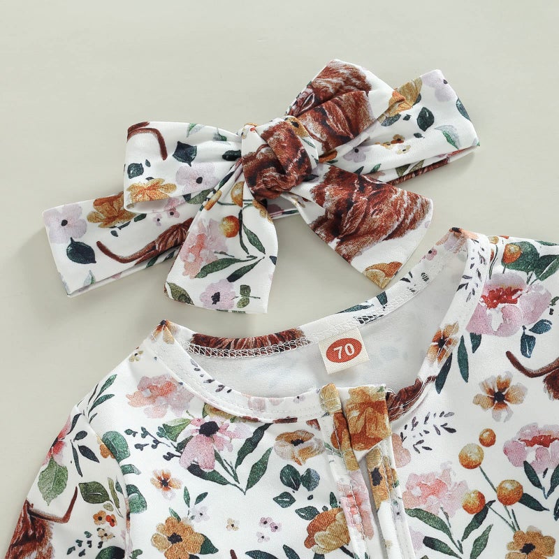 CIYCUIT Baby Girls Highland Cow Floral Outfits Newborn Zip Up Onesie Romper with Headband Western Clothes 0-3 Months - Image 2