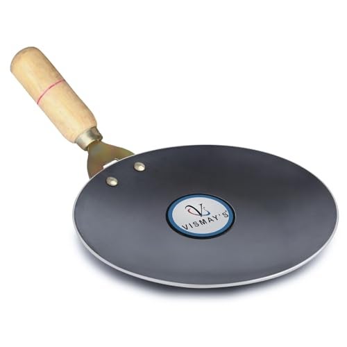 VISMAY'S Pure Iron Tawa with Unique Smooth Edges - First Time in India, Metal Spoon Friendly Induction Friendly, Strong Riveted Wooden Handle Perfect for Roti & Chapati Lohakhand/Loha Tava- 11 Inch - Image 1