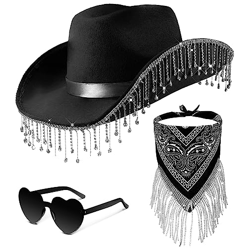 Leumoi 3 Pcs Rhinestone Cowgirl Hat with Fringe Rhinestone Bandana and Heart Sunglasses Bling Diamond Fringe Cowboy Hat (Black) - Image 1