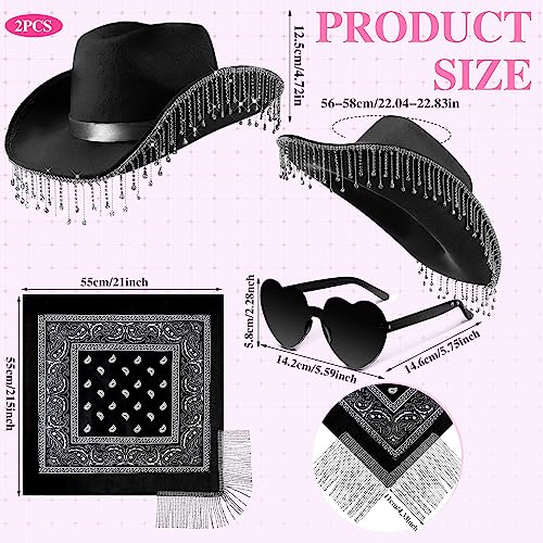 Leumoi 3 Pcs Rhinestone Cowgirl Hat with Fringe Rhinestone Bandana and Heart Sunglasses Bling Diamond Fringe Cowboy Hat (Black) - Image 2