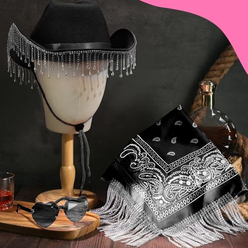 Leumoi 3 Pcs Rhinestone Cowgirl Hat with Fringe Rhinestone Bandana and Heart Sunglasses Bling Diamond Fringe Cowboy Hat (Black) - Image 4