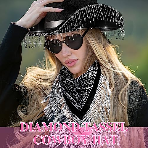 Leumoi 3 Pcs Rhinestone Cowgirl Hat with Fringe Rhinestone Bandana and Heart Sunglasses Bling Diamond Fringe Cowboy Hat (Black) - Image 5