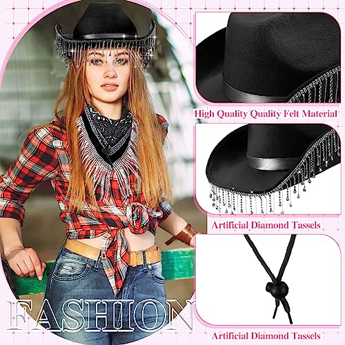 Leumoi 3 Pcs Rhinestone Cowgirl Hat with Fringe Rhinestone Bandana and Heart Sunglasses Bling Diamond Fringe Cowboy Hat (Black) - Image 3