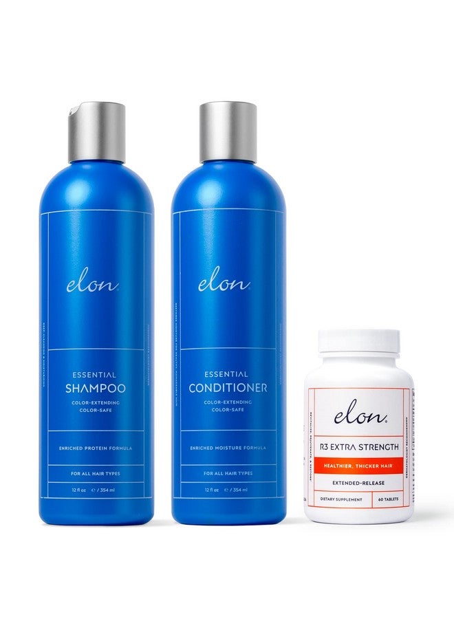 Elon Complete Hair Care Kit For Thinning Hair - Moisture Therapy Shampoo & Conditioner Set + R3 Extra Strength Hair Growth Supplement -Suitable For All Hair Types - No Sulfates, Parabens Or Phthalates - Image 1