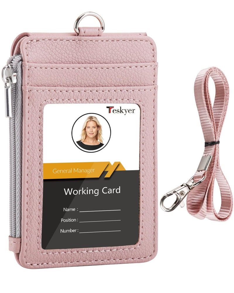 Teskyer Badge Holder with Side Zip Pocket, Multiple Card Slots Leather ID Holder Wallet with Neck Lanyard for Office Staffs, Teachers/Students, Workers, Cruise Cards, Bus/Metro Cards, Lichee Dark Pink - Image 1