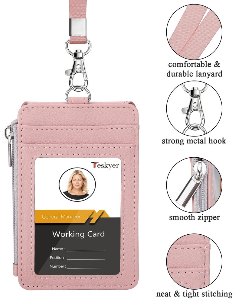 Teskyer Badge Holder with Side Zip Pocket, Multiple Card Slots Leather ID Holder Wallet with Neck Lanyard for Office Staffs, Teachers/Students, Workers, Cruise Cards, Bus/Metro Cards, Lichee Dark Pink - Image 2