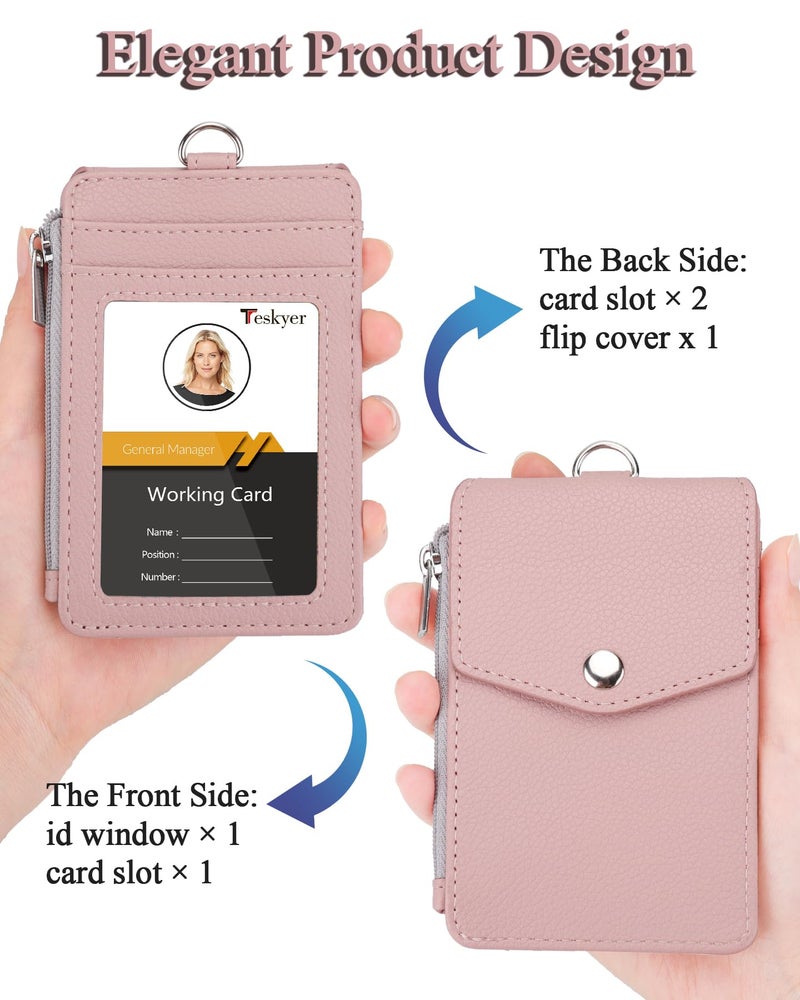 Teskyer Badge Holder with Side Zip Pocket, Multiple Card Slots Leather ID Holder Wallet with Neck Lanyard for Office Staffs, Teachers/Students, Workers, Cruise Cards, Bus/Metro Cards, Lichee Dark Pink - Image 3