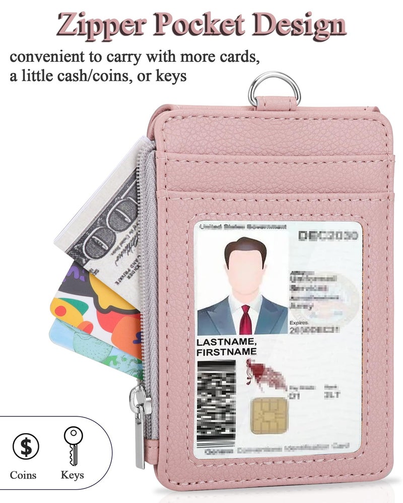Teskyer Badge Holder with Side Zip Pocket, Multiple Card Slots Leather ID Holder Wallet with Neck Lanyard for Office Staffs, Teachers/Students, Workers, Cruise Cards, Bus/Metro Cards, Lichee Dark Pink - Image 5