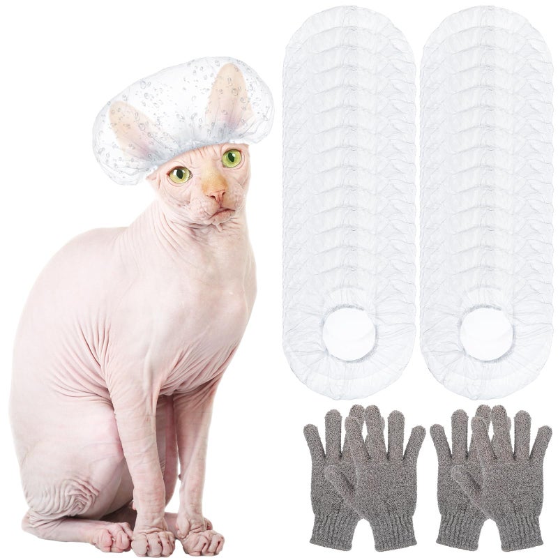 Coume 100 Pcs Adjustable Shower Caps and 2 Pairs Cats Carbonized Bamboo Bath Exfoliating Gloves Set for Sphynx Shower Body Scrub Puppy Kitten Small Pets - Image 2
