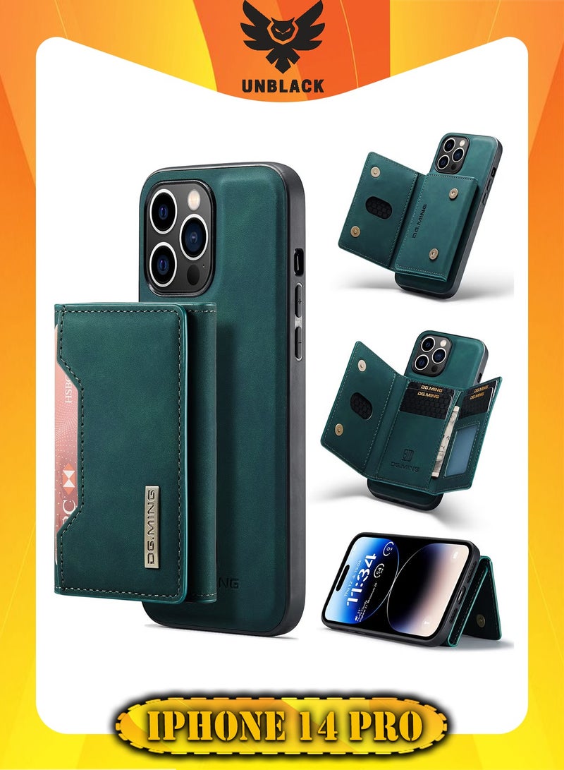 DGMING Wallet Case for Apple iPhone 14 Pro, DG.MING Premium Leather Phone Case Back Cover Magnetic Detachable with Trifold Wallet Card Holder Pocket (Green) - Image 1