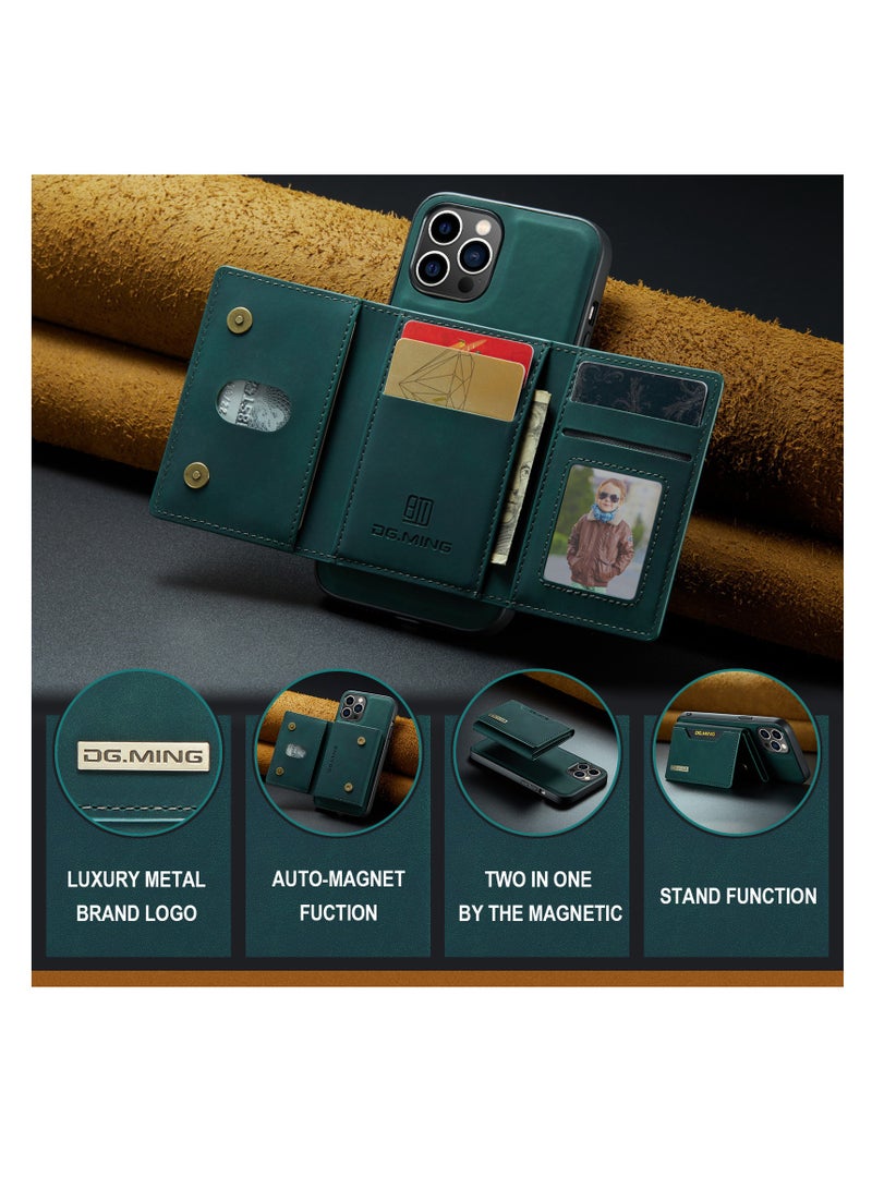 DGMING Wallet Case for Apple iPhone 14 Pro, DG.MING Premium Leather Phone Case Back Cover Magnetic Detachable with Trifold Wallet Card Holder Pocket (Green) - Image 4