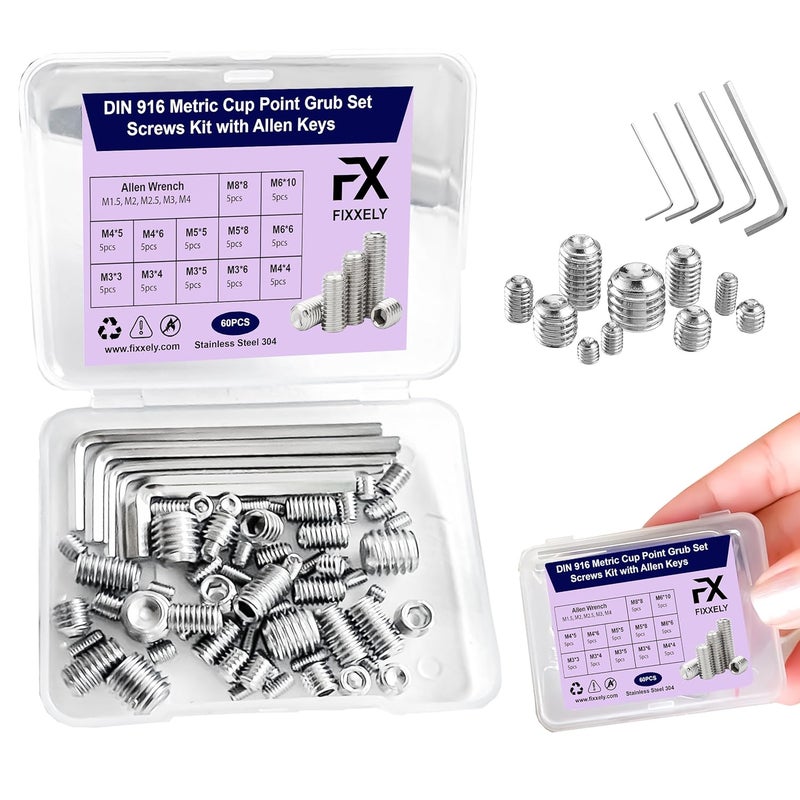 FIXXELY Set Screws Assortment Kit (M3, M4, M5, M6, M8) with Allen Keys – Silver Durable 60 Pcs Metric Cup Point Stainless Steel for Bathroom Fixtures, Door Knobs, Faucets, Plumbing, and More - Image 1