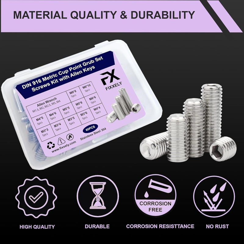 FIXXELY Set Screws Assortment Kit (M3, M4, M5, M6, M8) with Allen Keys – Silver Durable 60 Pcs Metric Cup Point Stainless Steel for Bathroom Fixtures, Door Knobs, Faucets, Plumbing, and More - Image 3