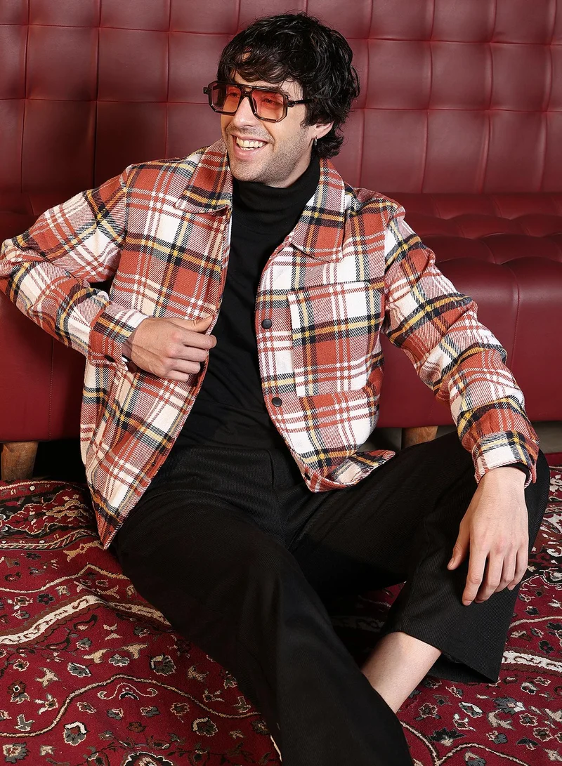 Campus Sutra Men Twill-Plaid Utility Bomber Jacket | Point Collar, Long Button-Cuff Sleeves | Snap Button , Stretch-Straight Hem | Plaid Twill | Woven Fabric For Casual & Daily Wear | Rust Orange